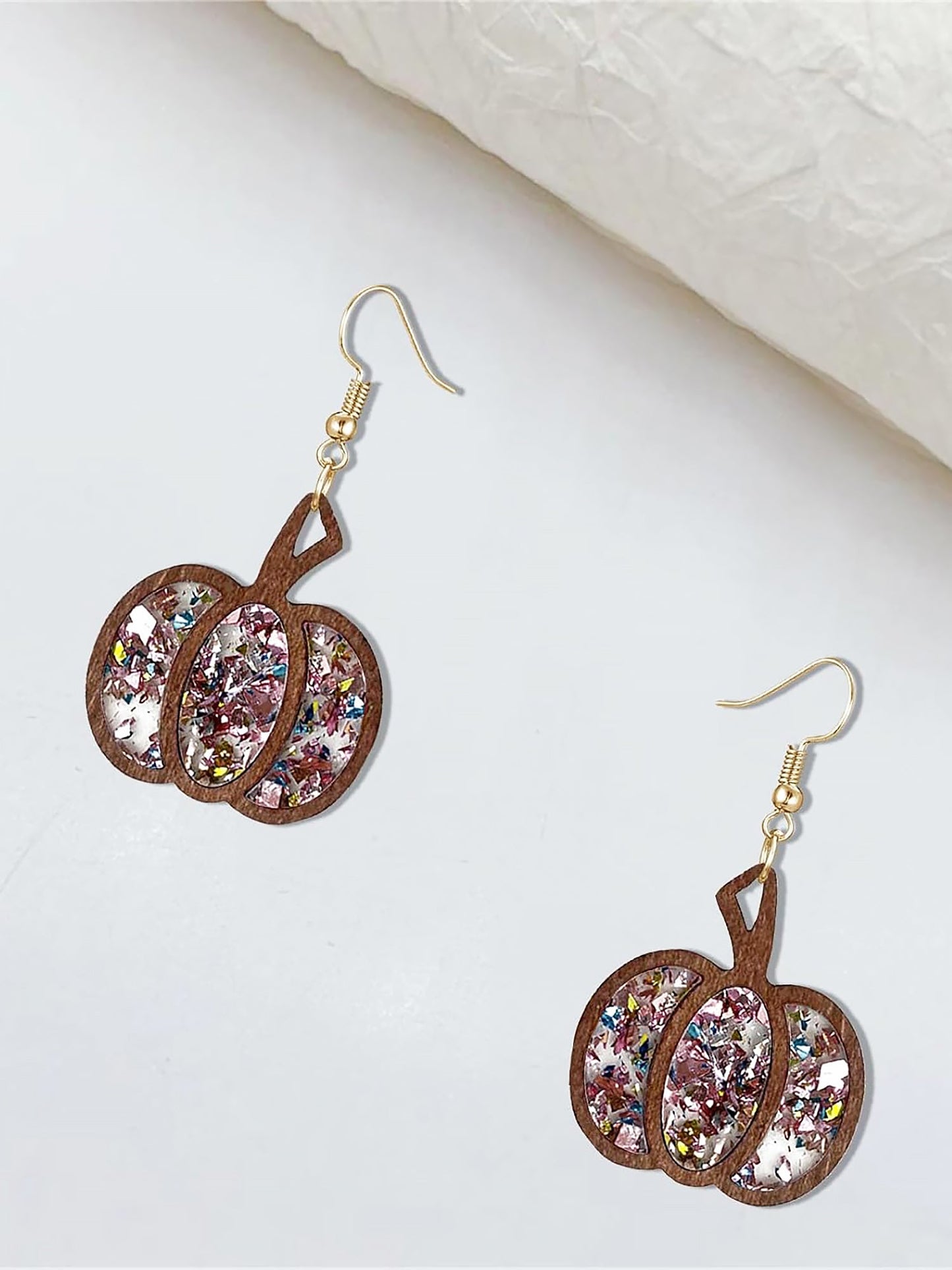 Festive Dangle Halloween Wooden Pumpkin Inlay Sparkling Acrylic Sequins Earrings