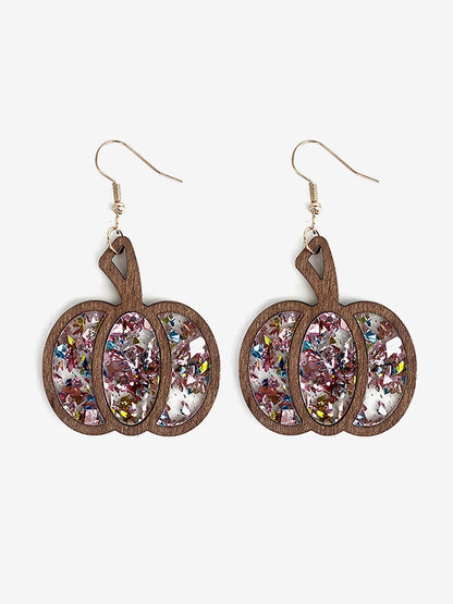 Festive Dangle Halloween Wooden Pumpkin Inlay Sparkling Acrylic Sequins Earrings
