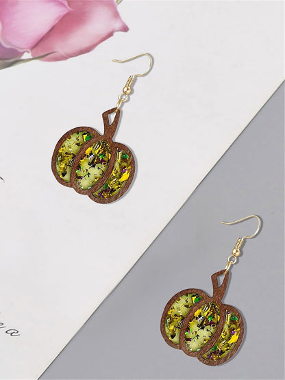 Festive Dangle Halloween Wooden Pumpkin Inlay Sparkling Acrylic Sequins Earrings
