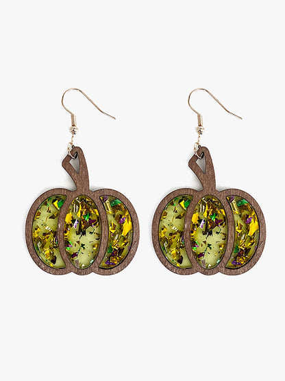 Festive Dangle Halloween Wooden Pumpkin Inlay Sparkling Acrylic Sequins Earrings