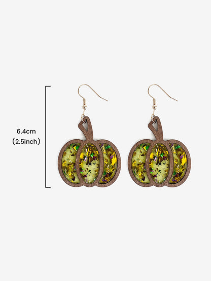 Festive Dangle Halloween Wooden Pumpkin Inlay Sparkling Acrylic Sequins Earrings