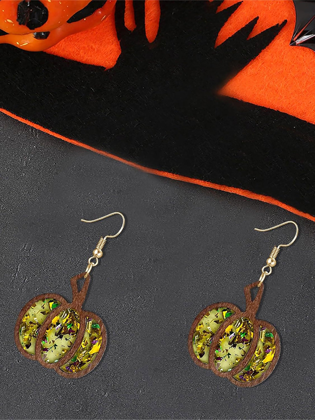 Festive Dangle Halloween Wooden Pumpkin Inlay Sparkling Acrylic Sequins Earrings