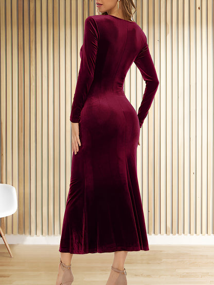 Flattering Asymmetrical Ruches with Fishtail Hem Velvet Ruched Long Sleeves Bodycon Fishtail Maxi Date Nights Dress