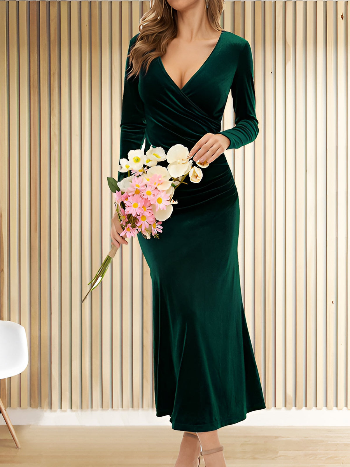 Flattering Asymmetrical Ruches with Fishtail Hem Velvet Ruched Long Sleeves Bodycon Fishtail Maxi Date Nights Dress