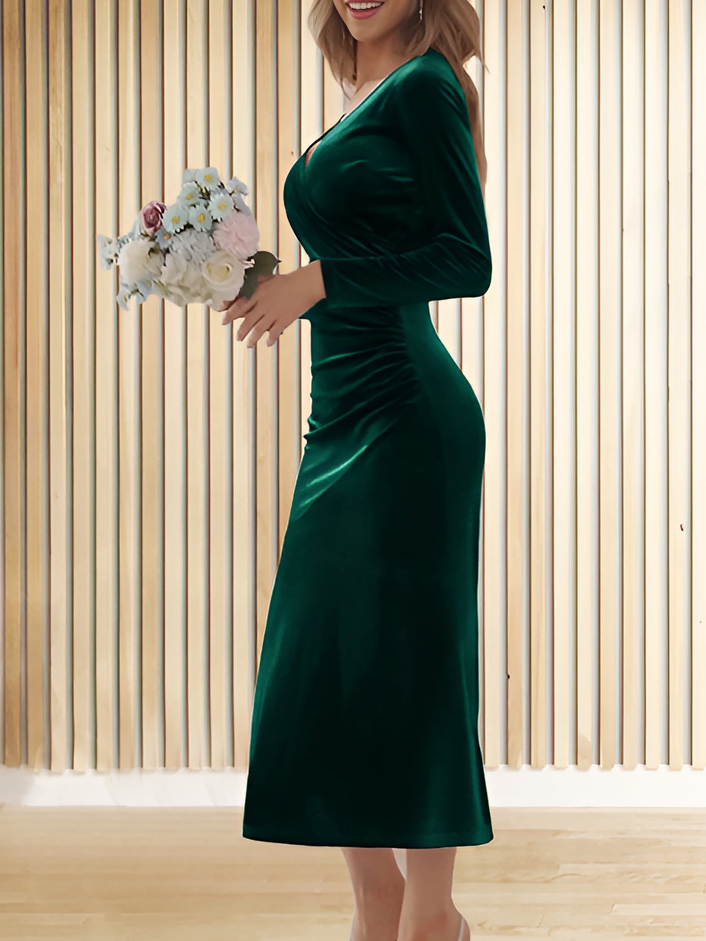 Flattering Asymmetrical Ruches with Fishtail Hem Velvet Ruched Long Sleeves Bodycon Fishtail Maxi Date Nights Dress
