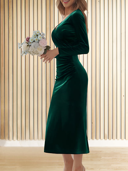 Flattering Asymmetrical Ruches with Fishtail Hem Velvet Ruched Long Sleeves Bodycon Fishtail Maxi Date Nights Dress