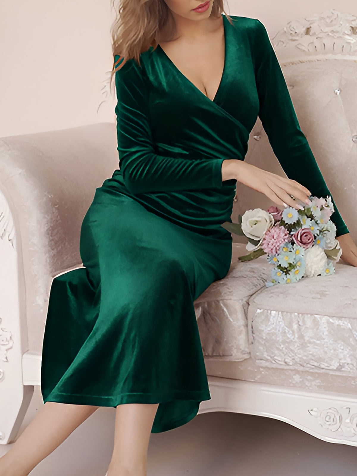 Flattering Asymmetrical Ruches with Fishtail Hem Velvet Ruched Long Sleeves Bodycon Fishtail Maxi Date Nights Dress