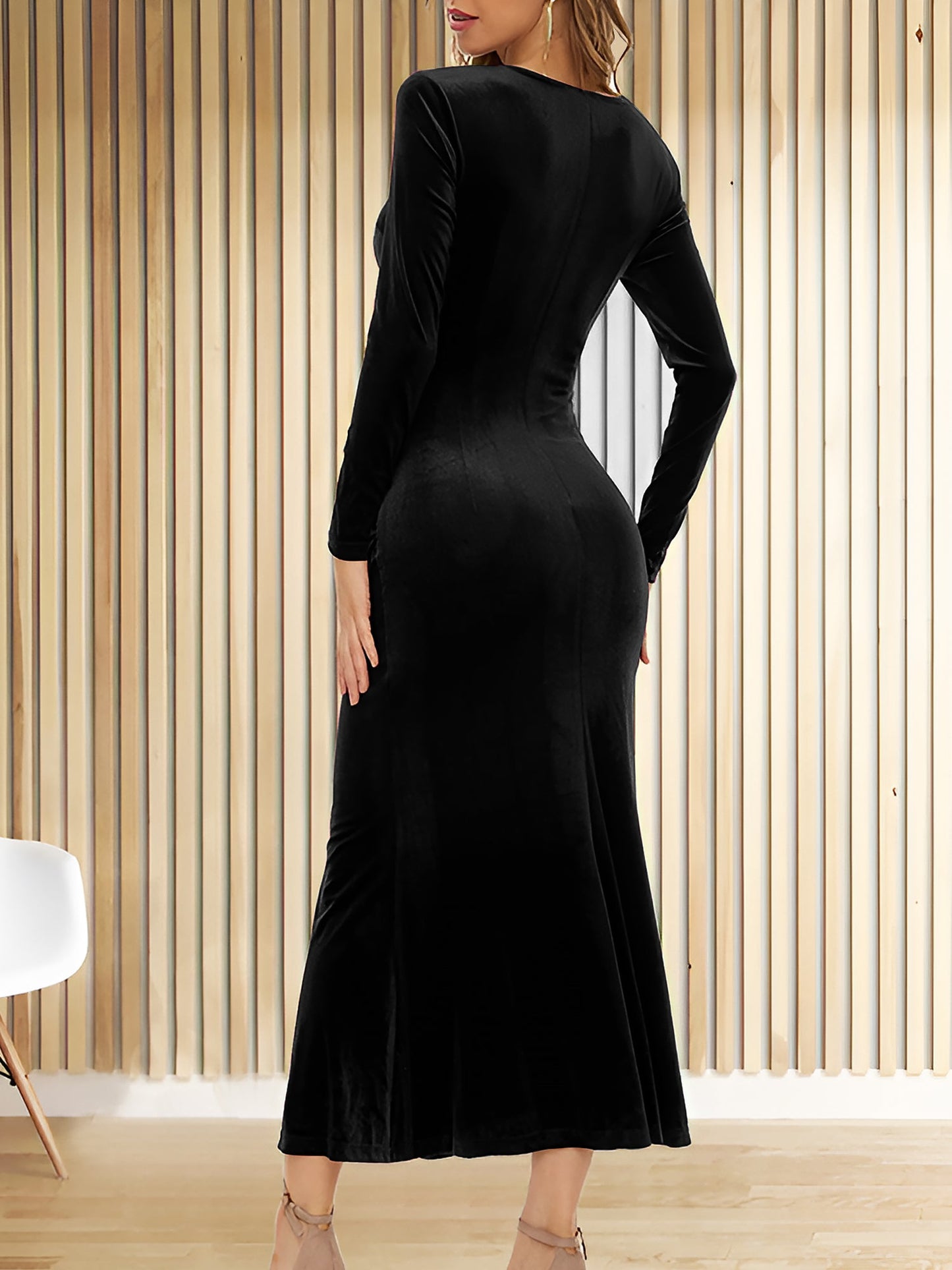 Flattering Asymmetrical Ruches with Fishtail Hem Velvet Ruched Long Sleeves Bodycon Fishtail Maxi Date Nights Dress