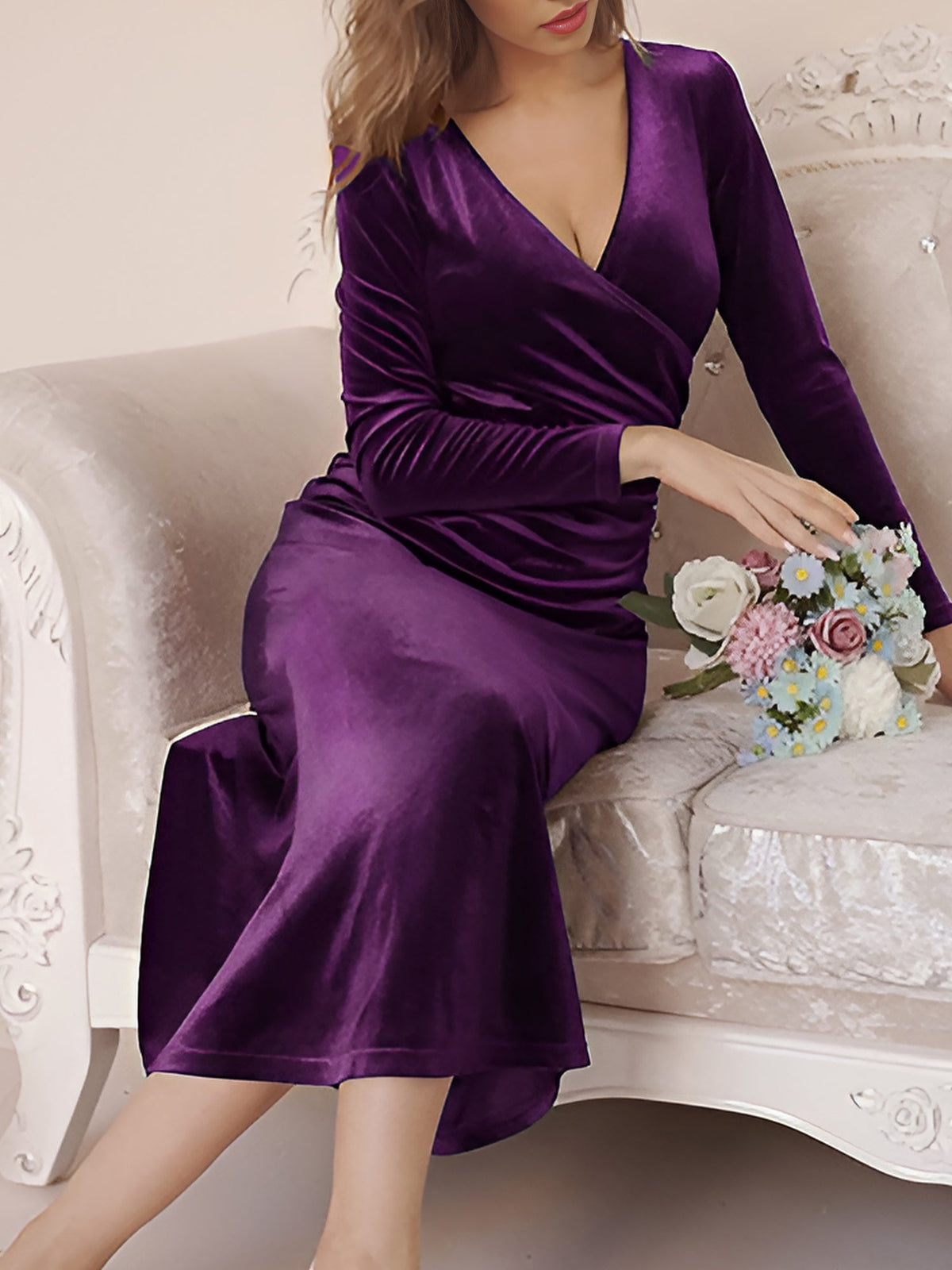Flattering Asymmetrical Ruches with Fishtail Hem Velvet Ruched Long Sleeves Bodycon Fishtail Maxi Date Nights Dress