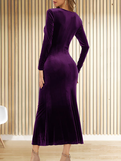 Flattering Asymmetrical Ruches with Fishtail Hem Velvet Ruched Long Sleeves Bodycon Fishtail Maxi Date Nights Dress