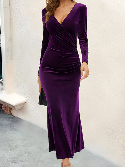 Flattering Asymmetrical Ruches with Fishtail Hem Velvet Ruched Long Sleeves Bodycon Fishtail Maxi Date Nights Dress