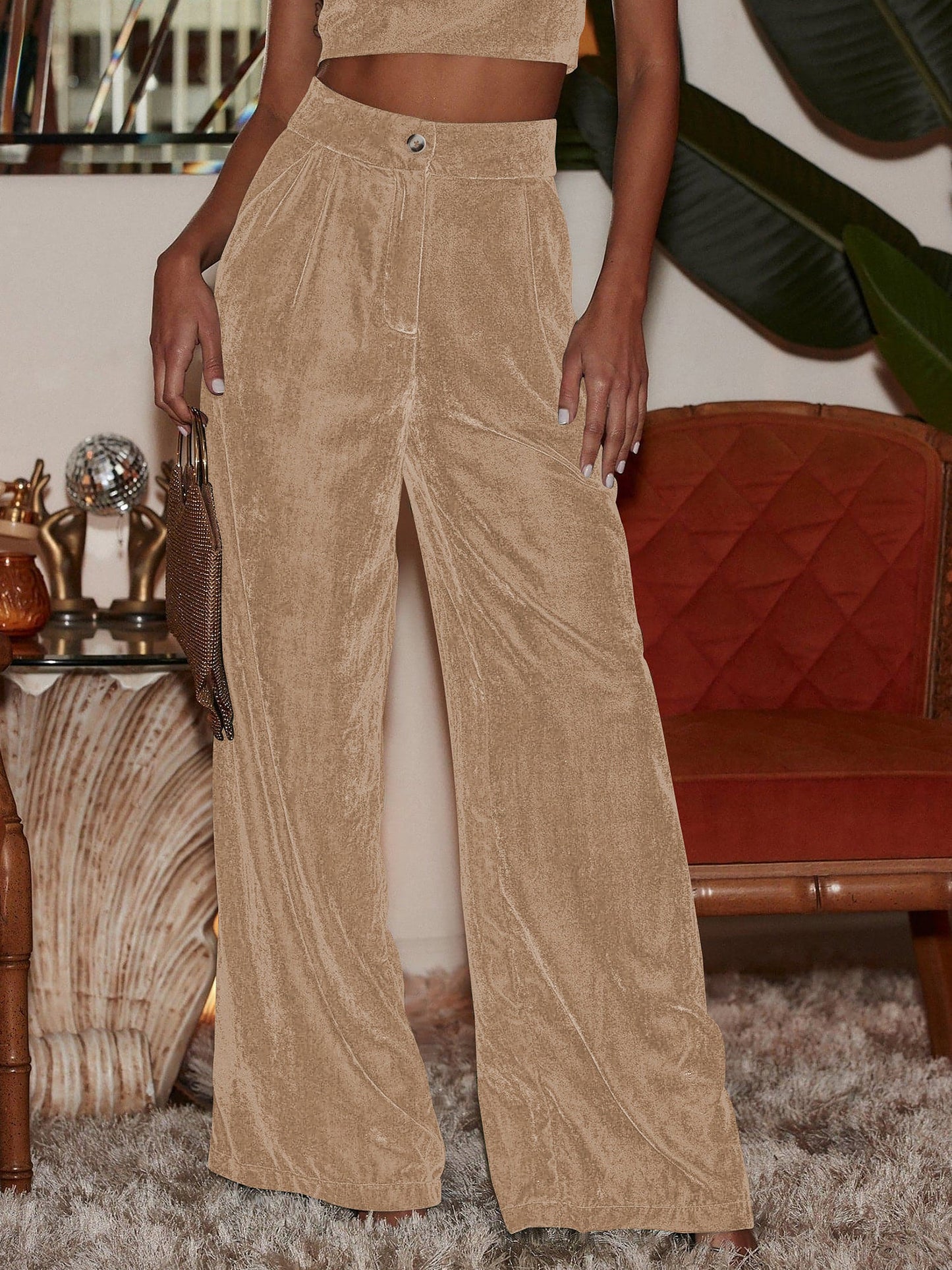 Velvet Straight Loose Fit Wide Leg Trousers Pants