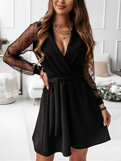 Lace Long Sleeves Patchwork A-Line Belted Mini Dress