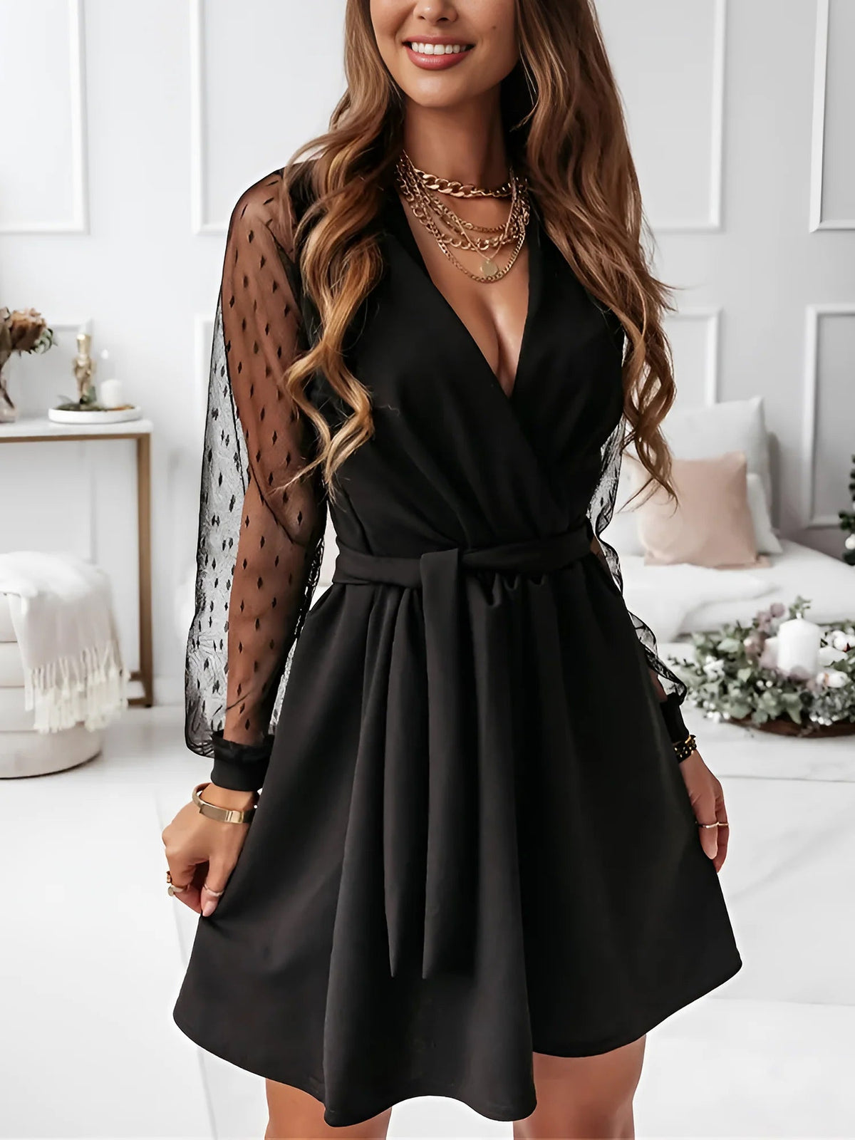 Lace Long Sleeves Patchwork A-Line Belted Mini Dress