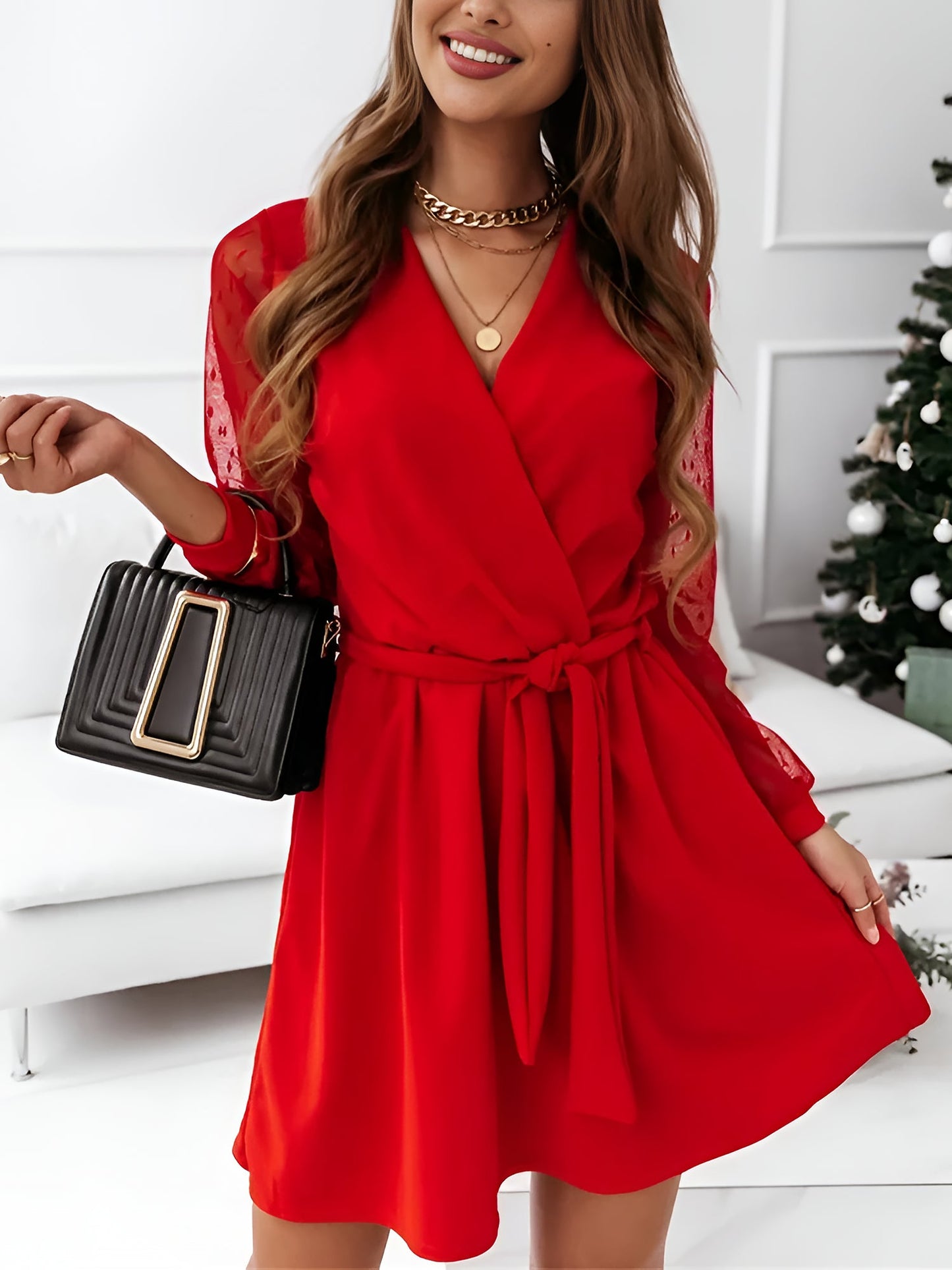 Lace Long Sleeves Patchwork A-Line Belted Mini Dress