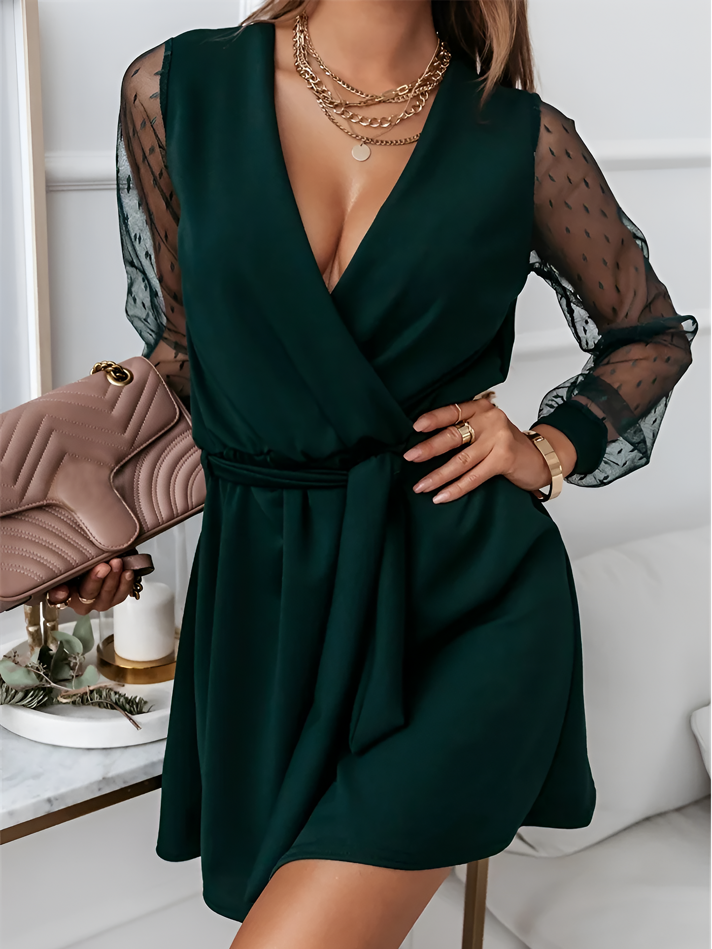 Lace Long Sleeves Patchwork A-Line Belted Mini Dress