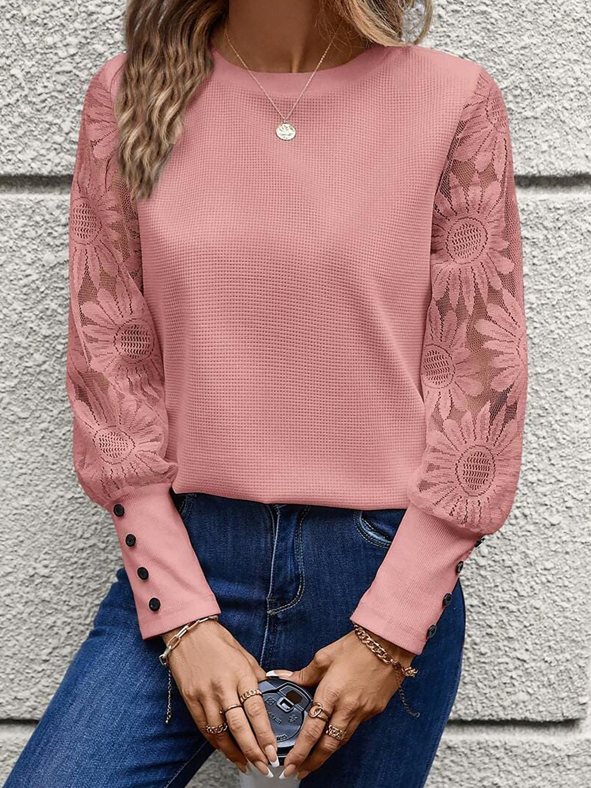 Elegant Lace Sheer Long Sleeves Knit Solid Color Soft Knit Body Office Blouse