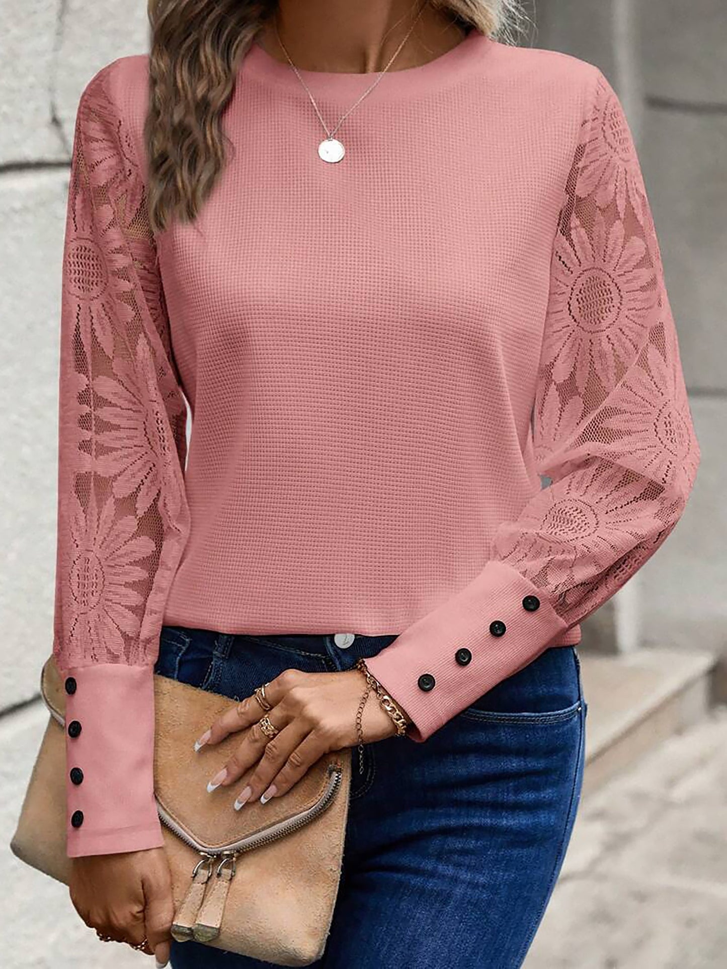Elegant Lace Sheer Long Sleeves Knit Solid Color Soft Knit Body Office Blouse