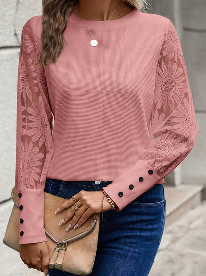 Elegant Lace Sheer Long Sleeves Knit Solid Color Soft Knit Body Office Blouse