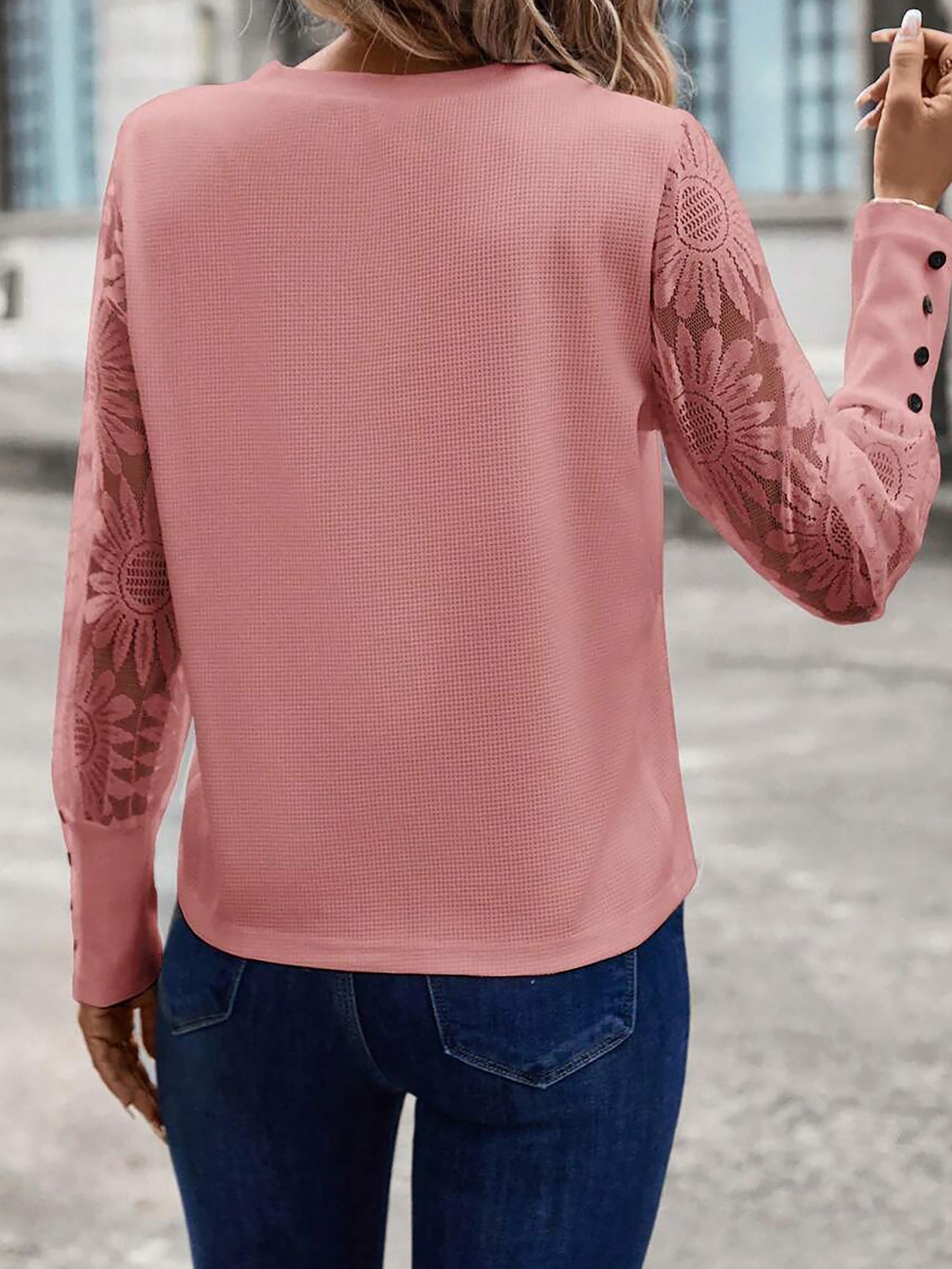 Elegant Lace Sheer Long Sleeves Knit Solid Color Soft Knit Body Office Blouse