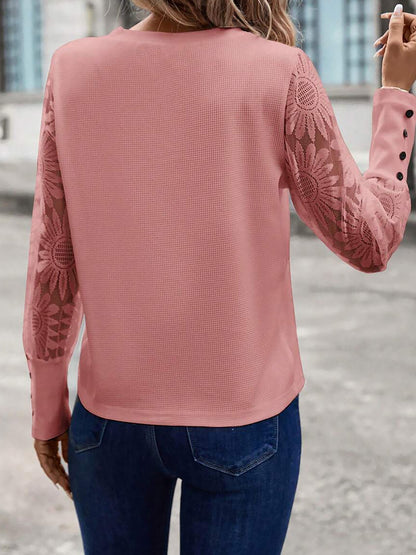 Elegant Lace Sheer Long Sleeves Knit Solid Color Soft Knit Body Office Blouse