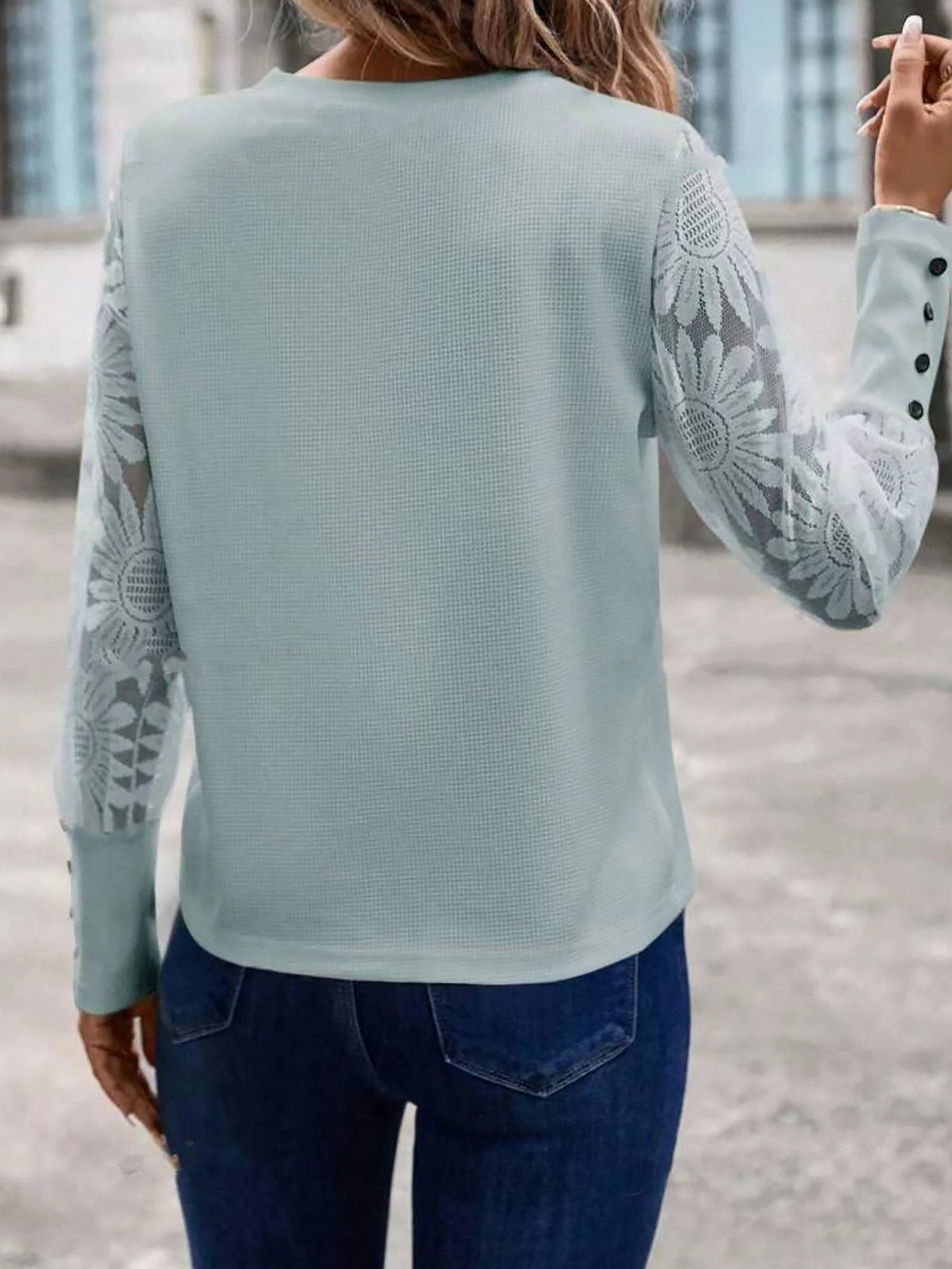 Elegant Lace Sheer Long Sleeves Knit Solid Color Soft Knit Body Office Blouse
