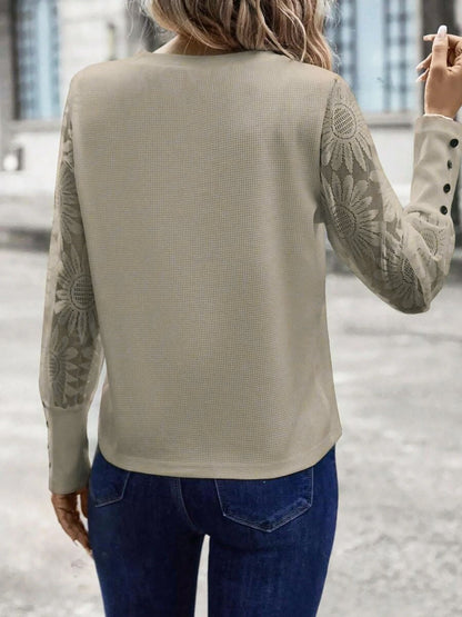 Elegant Lace Sheer Long Sleeves Knit Solid Color Soft Knit Body Office Blouse