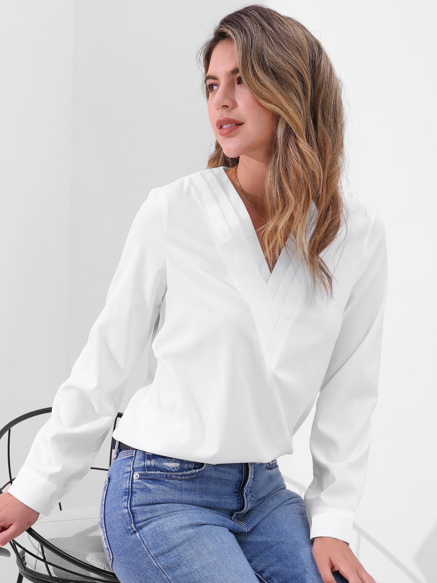 Solid Color Double Layer Breathable V Neck Long Sleeve Casual Business Work Blouse