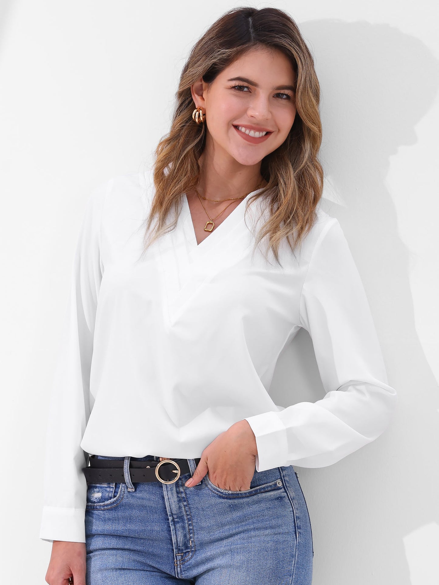Solid Color Double Layer Breathable V Neck Long Sleeve Casual Business Work Blouse