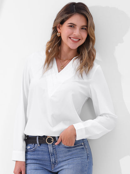 Solid Color Double Layer Breathable V Neck Long Sleeve Casual Business Work Blouse