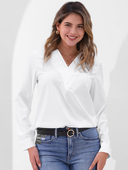 Solid Color Double Layer Breathable V Neck Long Sleeve Casual Business Work Blouse