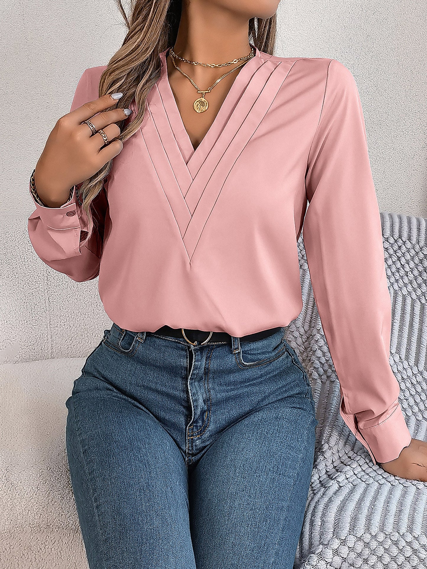 Solid Color Double Layer Breathable V Neck Long Sleeve Casual Business Work Blouse