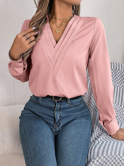 Solid Color Double Layer Breathable V Neck Long Sleeve Casual Business Work Blouse