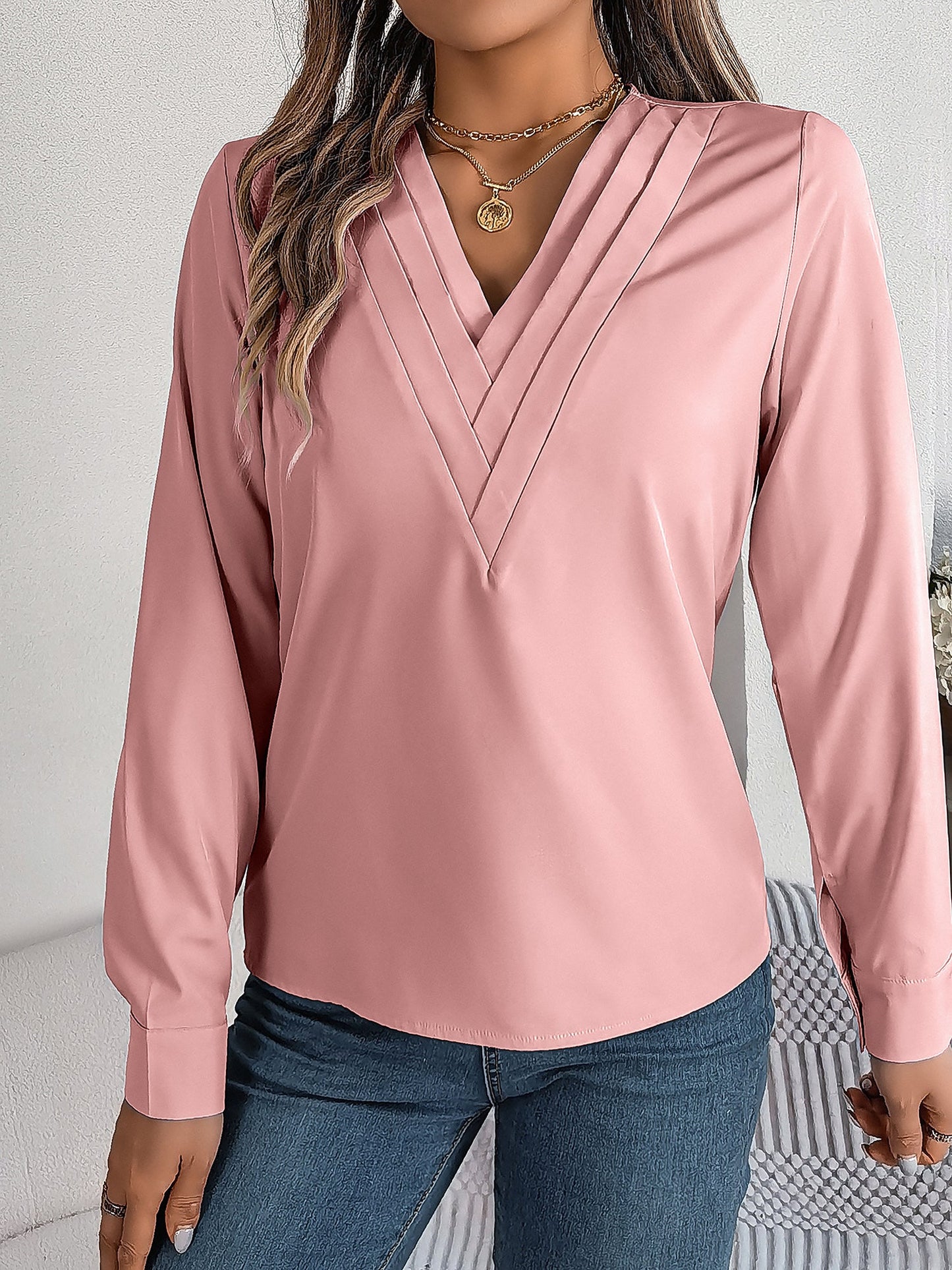 Solid Color Double Layer Breathable V Neck Long Sleeve Casual Business Work Blouse
