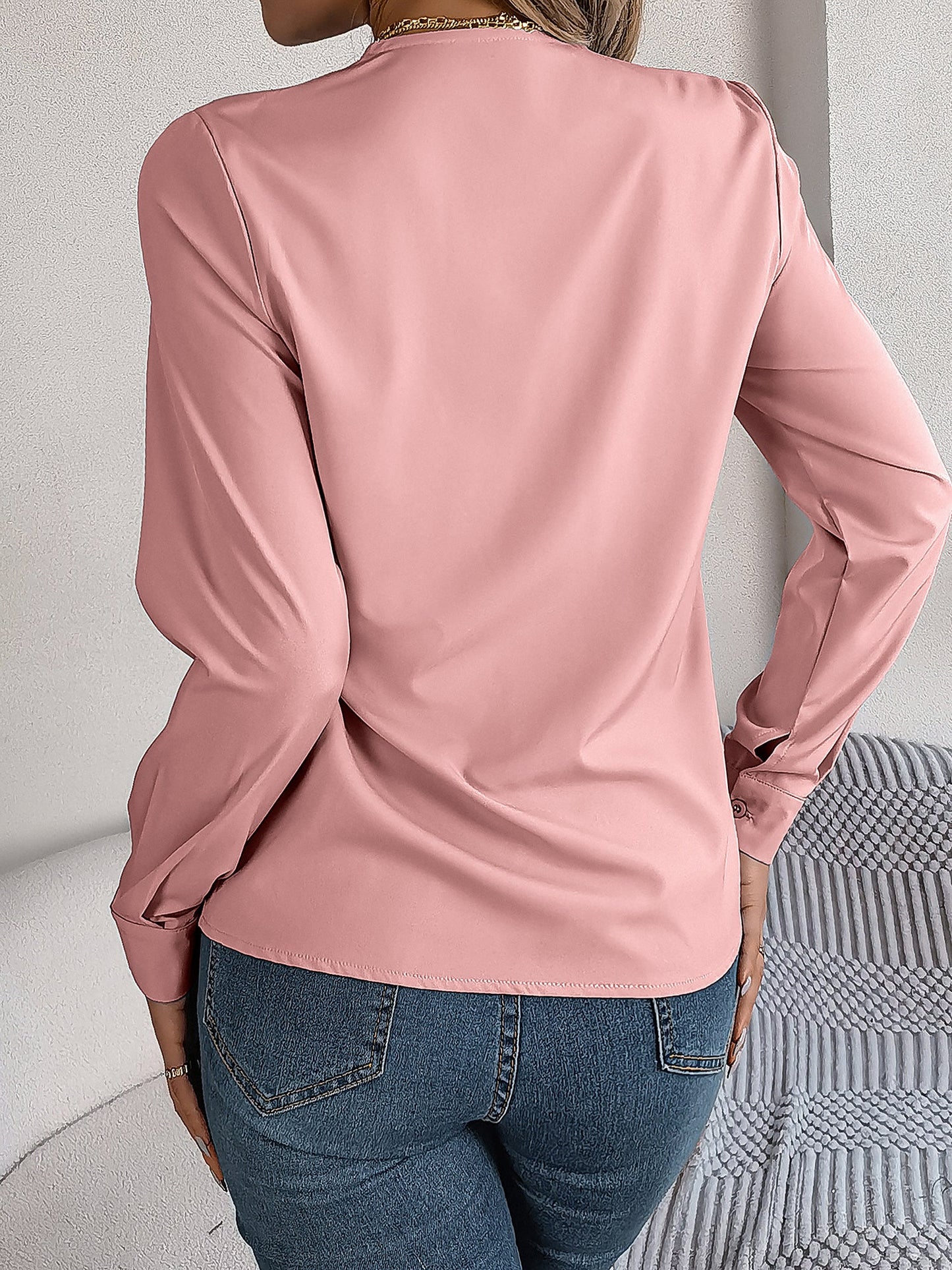 Solid Color Double Layer Breathable V Neck Long Sleeve Casual Business Work Blouse