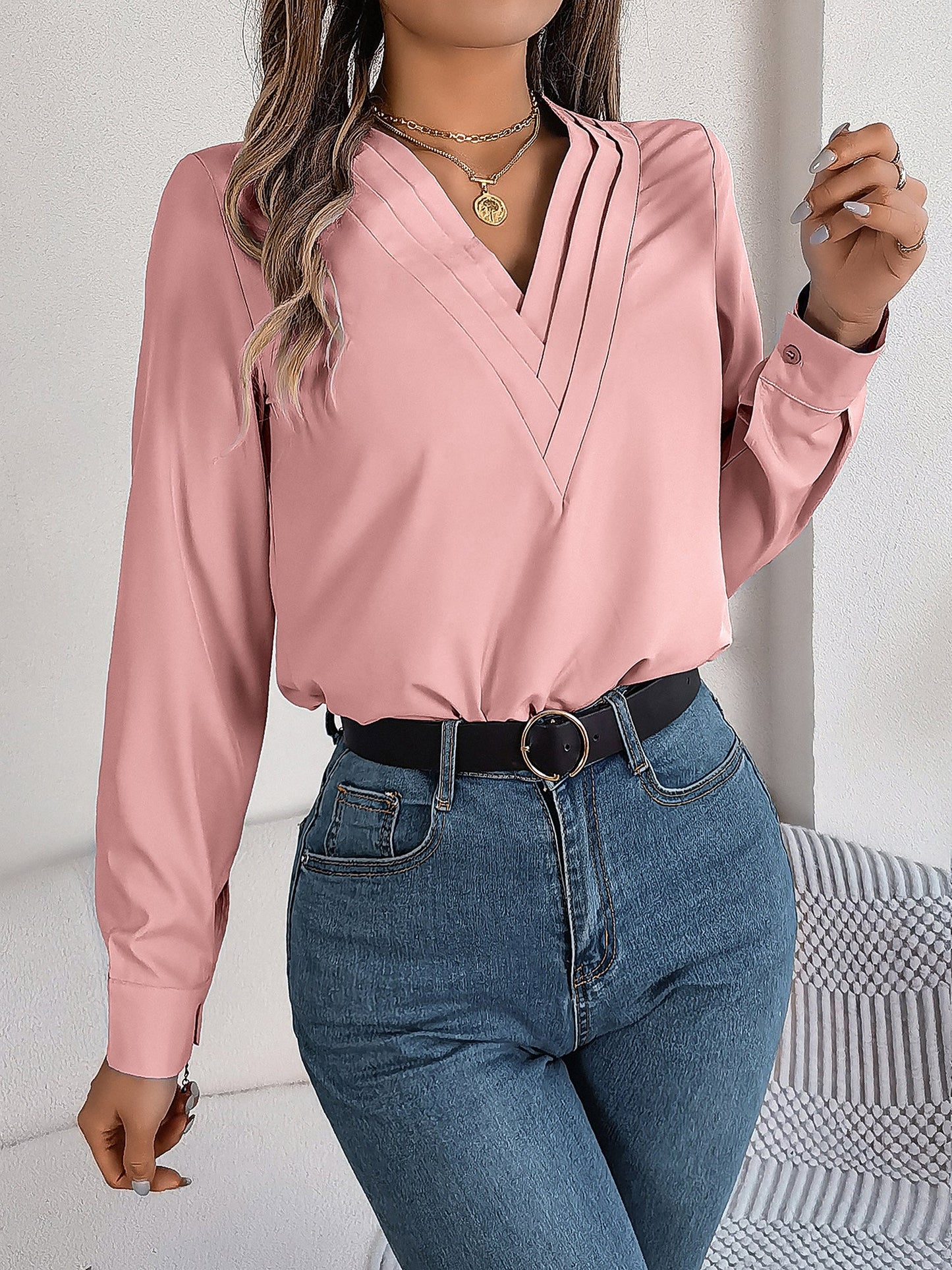 Solid Color Double Layer Breathable V Neck Long Sleeve Casual Business Work Blouse