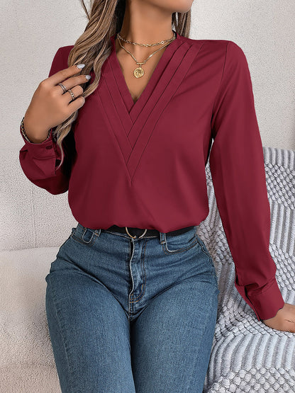 Solid Color Double Layer Breathable V Neck Long Sleeve Casual Business Work Blouse