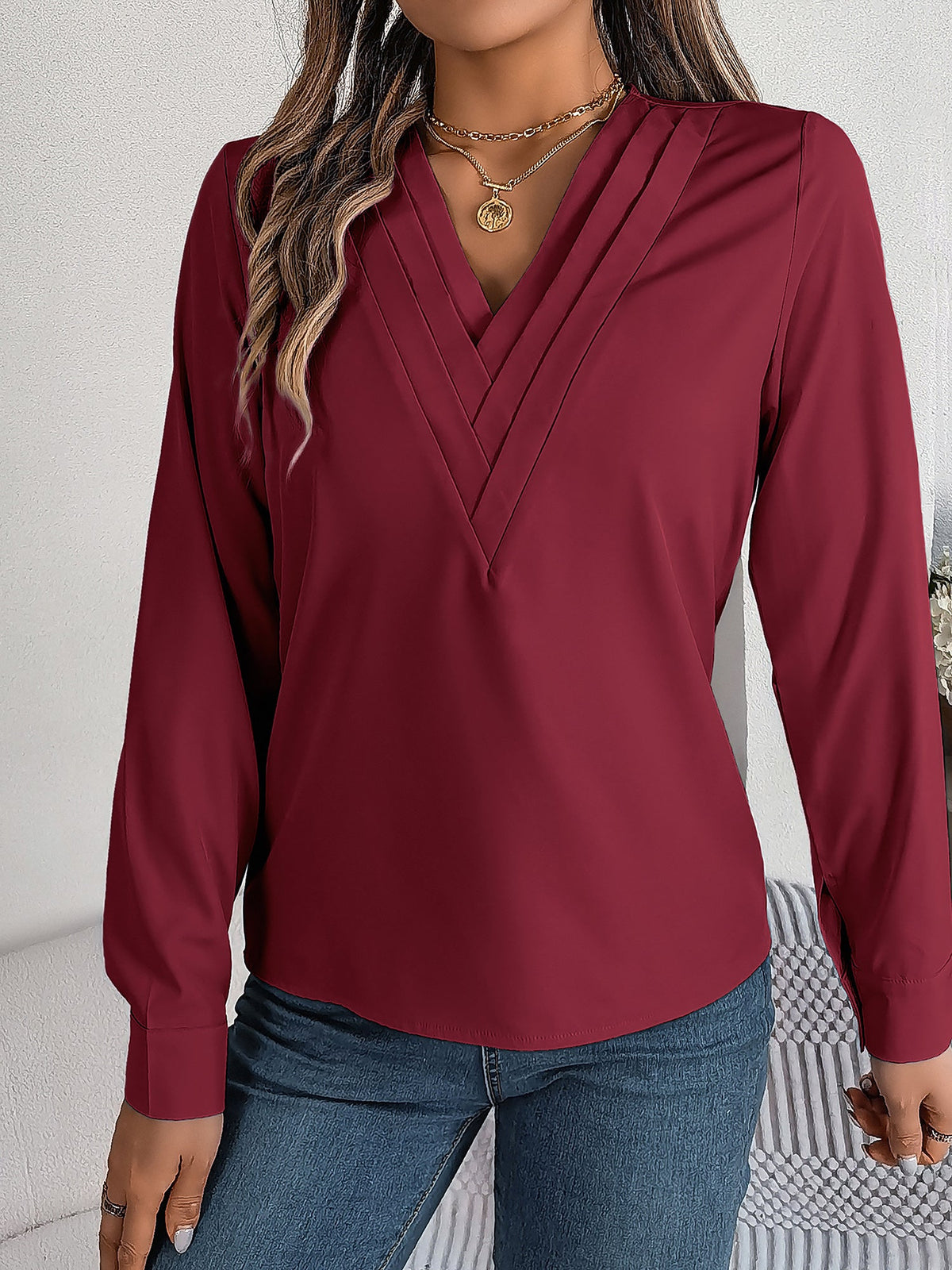 Solid Color Double Layer Breathable V Neck Long Sleeve Casual Business Work Blouse