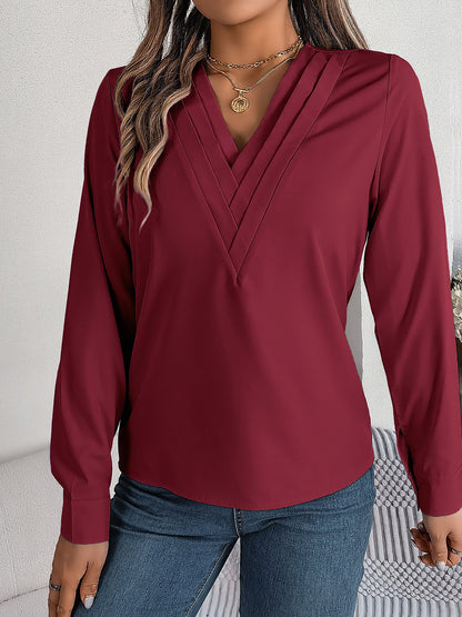 Solid Color Double Layer Breathable V Neck Long Sleeve Casual Business Work Blouse