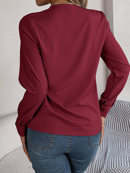 Solid Color Double Layer Breathable V Neck Long Sleeve Casual Business Work Blouse