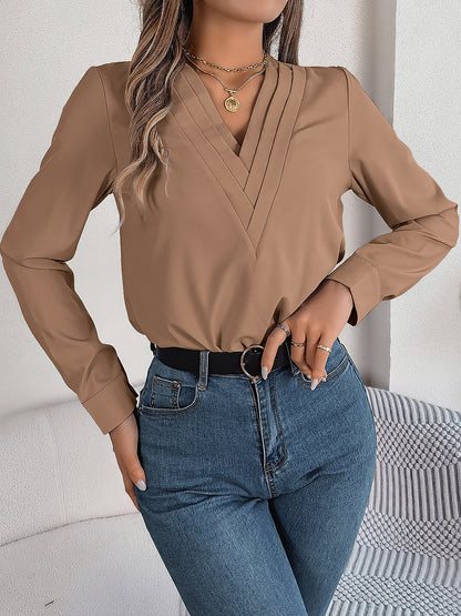 Solid Color Double Layer Breathable V Neck Long Sleeve Casual Business Work Blouse