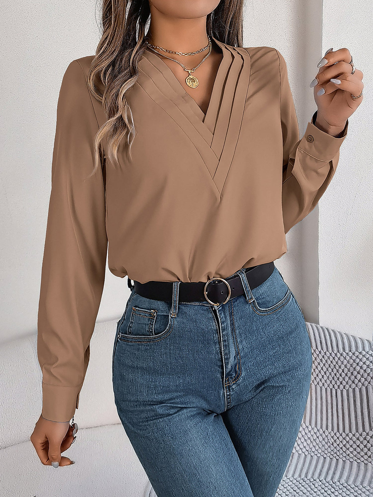 Solid Color Double Layer Breathable V Neck Long Sleeve Casual Business Work Blouse