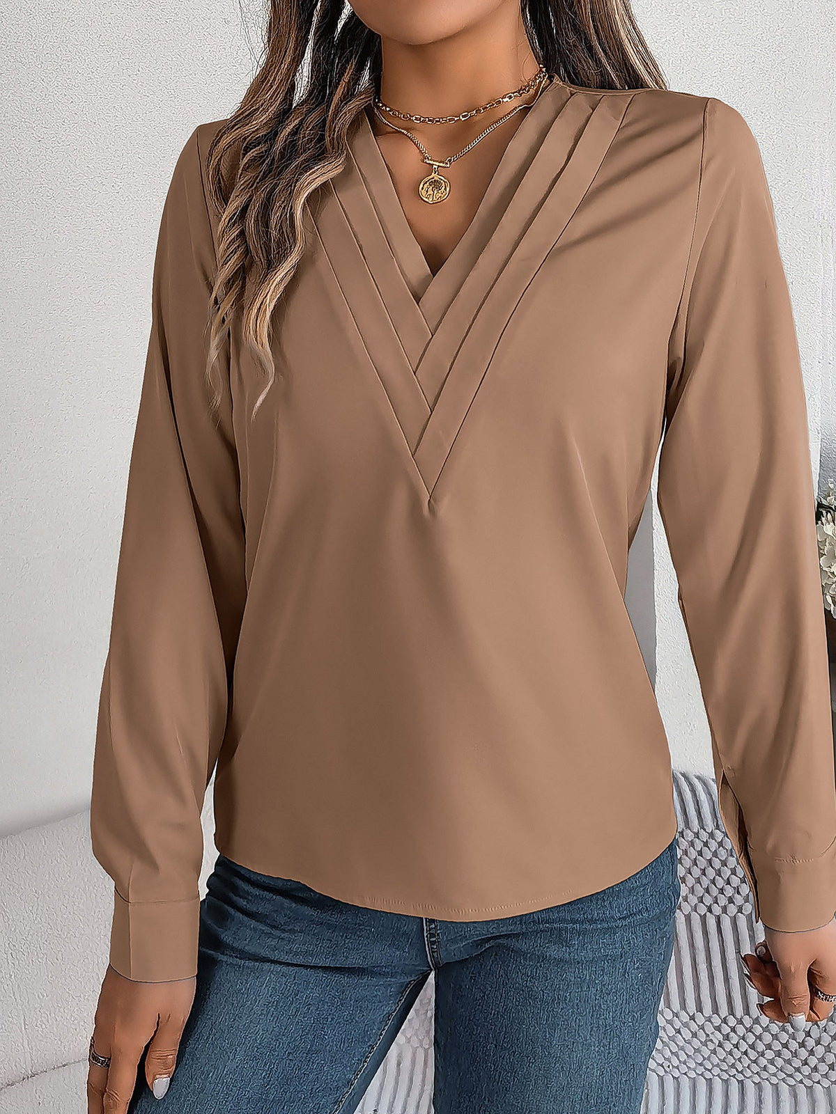 Solid Color Double Layer Breathable V Neck Long Sleeve Casual Business Work Blouse