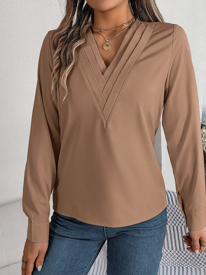 Solid Color Double Layer Breathable V Neck Long Sleeve Casual Business Work Blouse