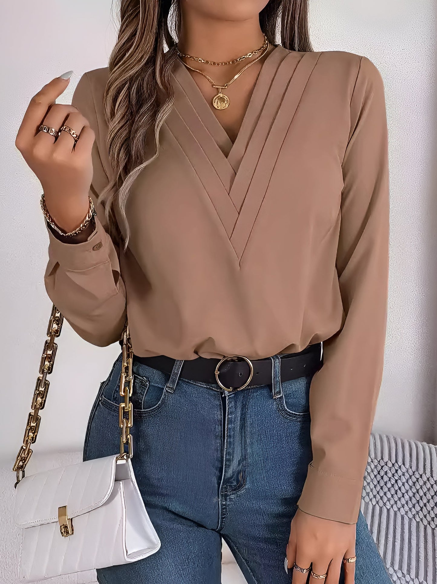 Solid Color Double Layer Breathable V Neck Long Sleeve Casual Business Work Blouse