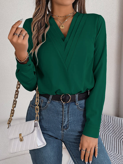 Solid Color Double Layer Breathable V Neck Long Sleeve Casual Business Work Blouse