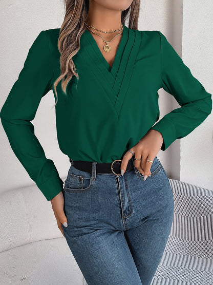 Solid Color Double Layer Breathable V Neck Long Sleeve Casual Business Work Blouse