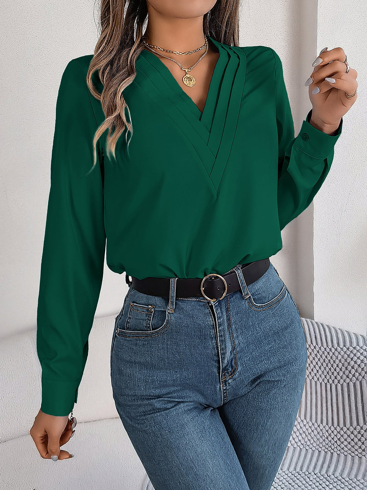 Solid Color Double Layer Breathable V Neck Long Sleeve Casual Business Work Blouse