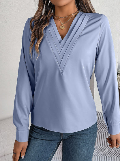 Solid Color Double Layer Breathable V Neck Long Sleeve Casual Business Work Blouse