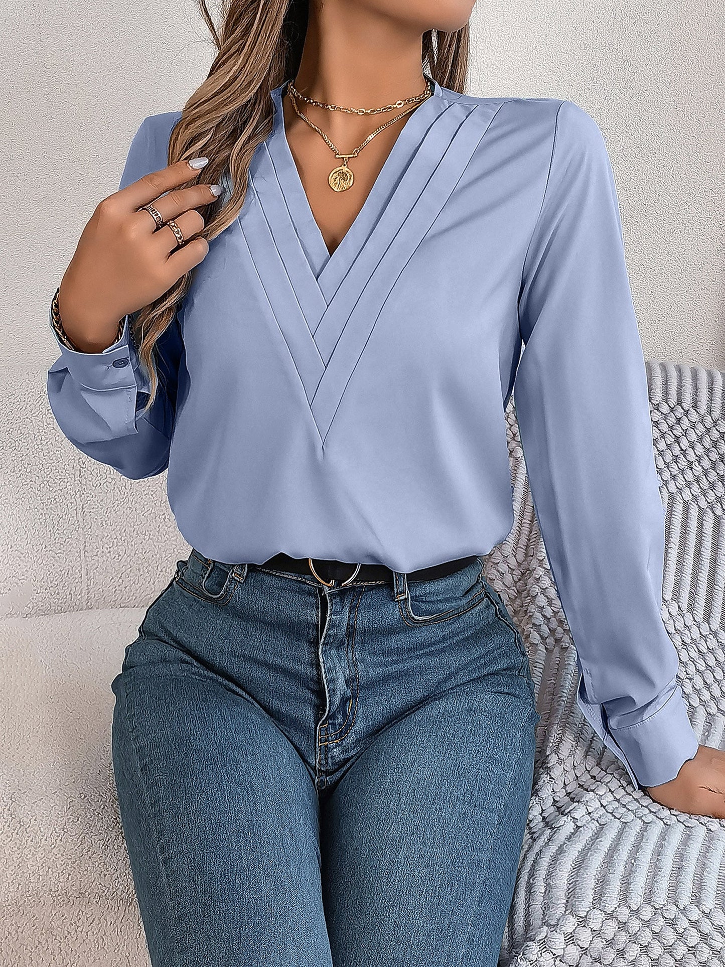 Solid Color Double Layer Breathable V Neck Long Sleeve Casual Business Work Blouse